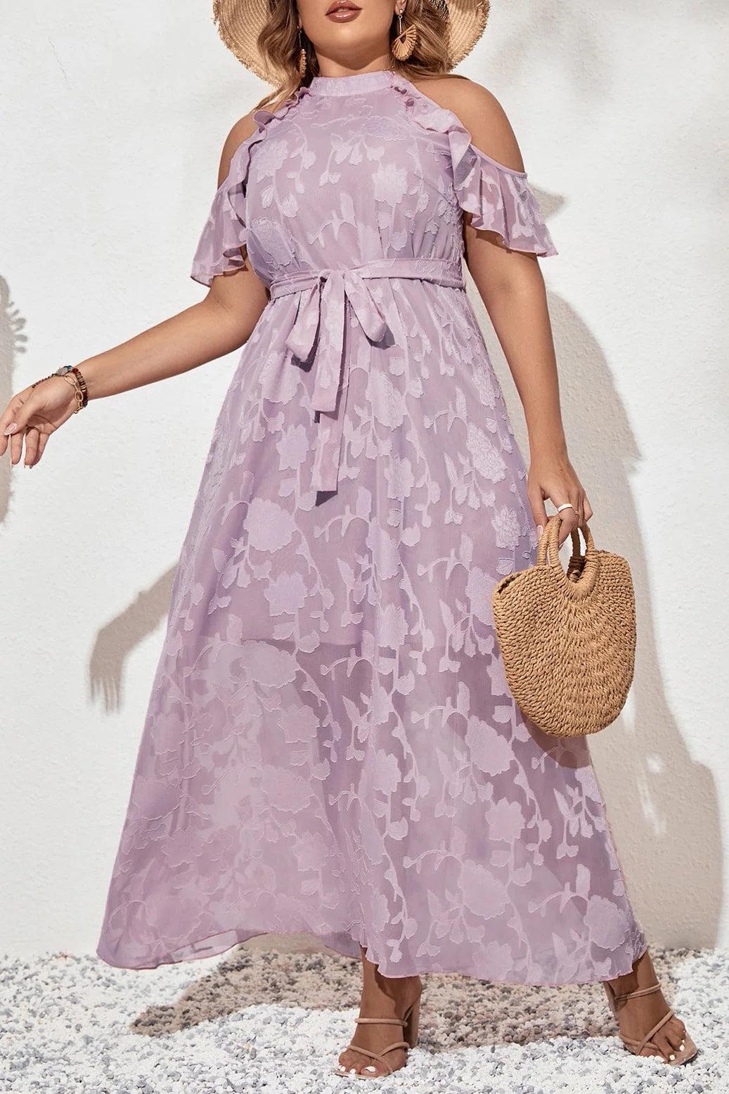 Plus Size Halter Neck Cold Shoulder Floral Jacquard Tie Waist A-Line Maxi Dress