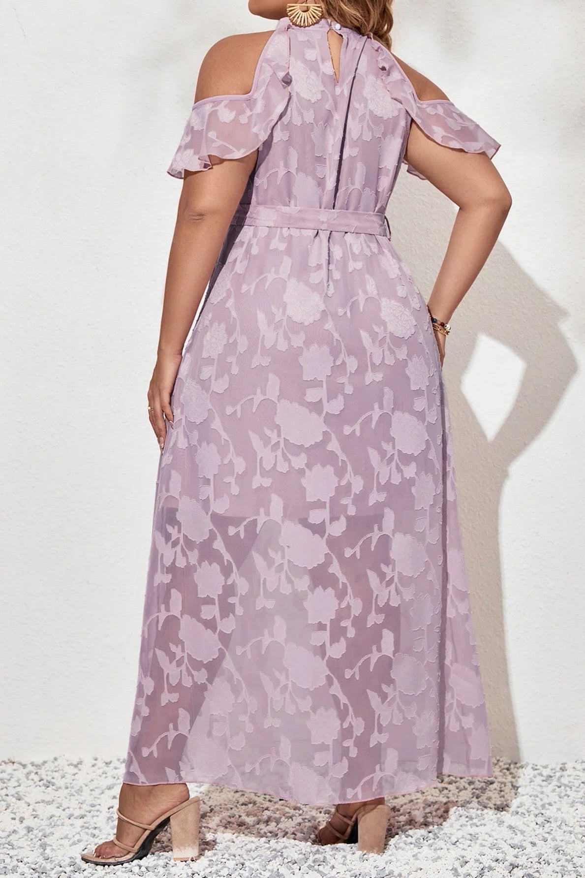 Plus Size Halter Neck Cold Shoulder Floral Jacquard Tie Waist A-Line Maxi Dress