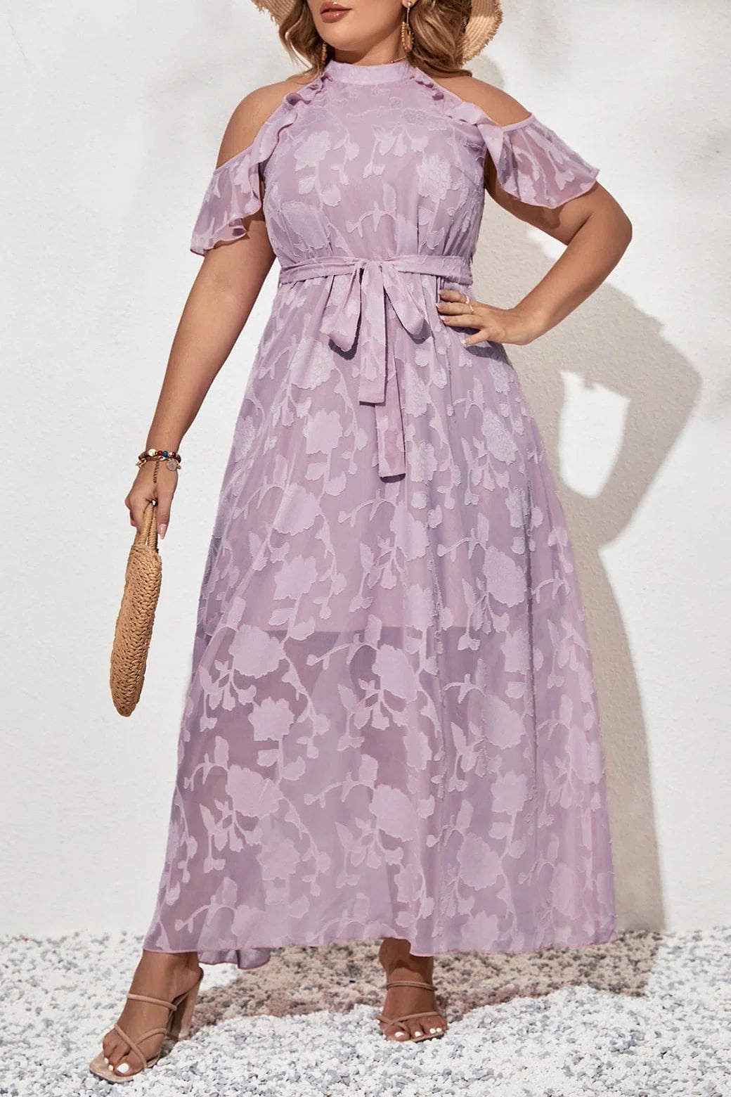 Plus Size Halter Neck Cold Shoulder Floral Jacquard Tie Waist A-Line Maxi Dress