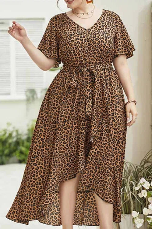 Plus Size V-Neck Leopard Print Tie Waist High-Low Hem Midi Dress