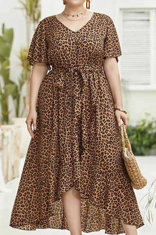 Plus Size V-Neck Leopard Print Tie Waist High-Low Hem Midi Dress