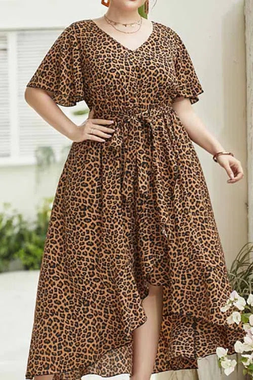 Plus Size V-Neck Leopard Print Tie Waist High-Low Hem Midi Dress