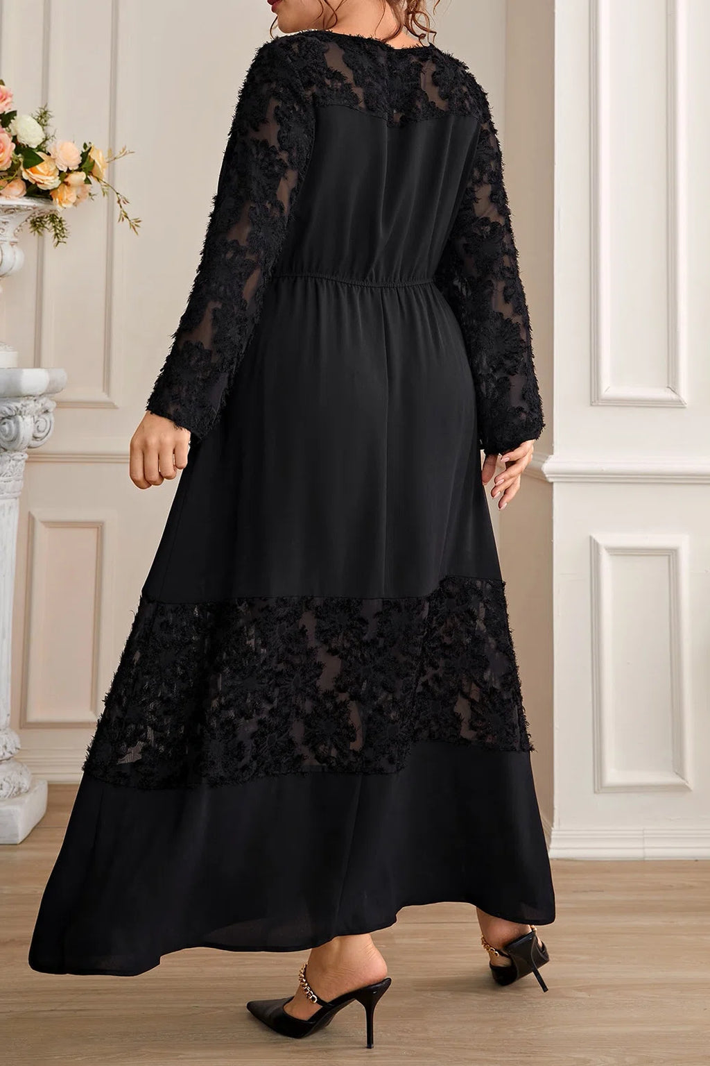 Plus Size Round Neck Spliced Flocked Elastic Waist A-Line Maxi Dress