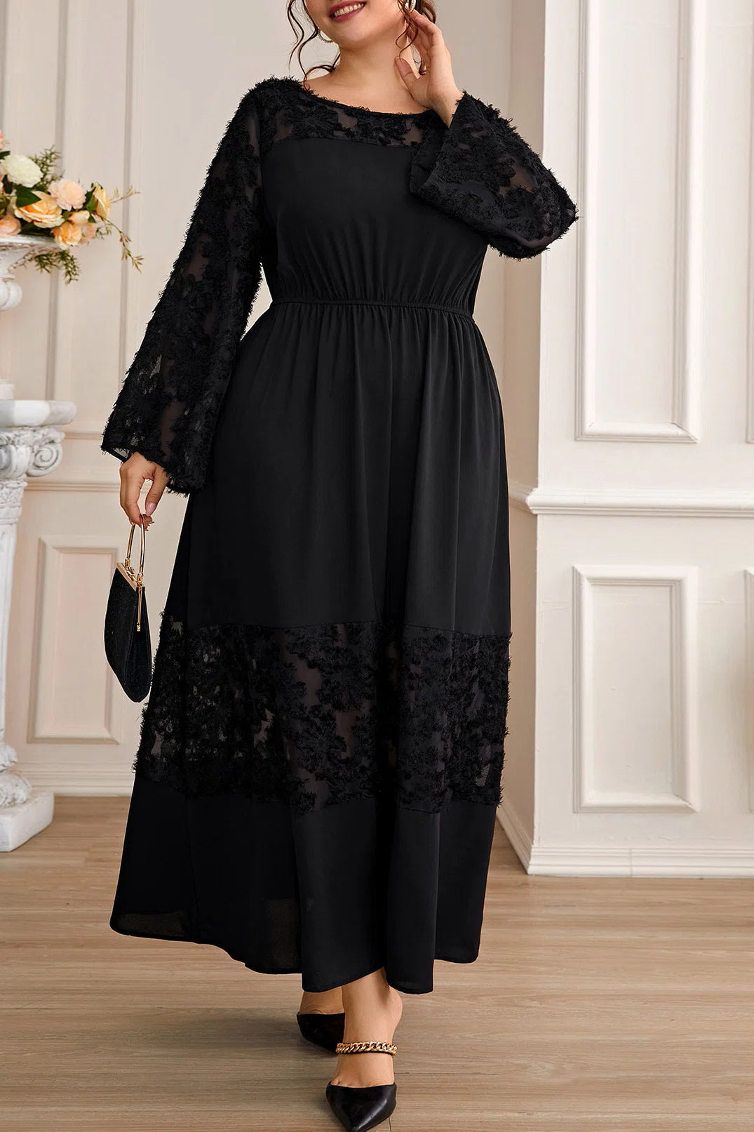 Plus Size Round Neck Spliced Flocked Elastic Waist A-Line Maxi Dress