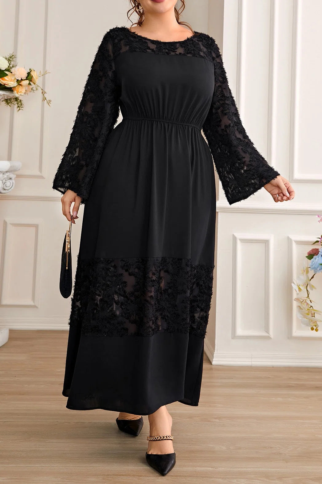Plus Size Round Neck Spliced Flocked Elastic Waist A-Line Maxi Dress