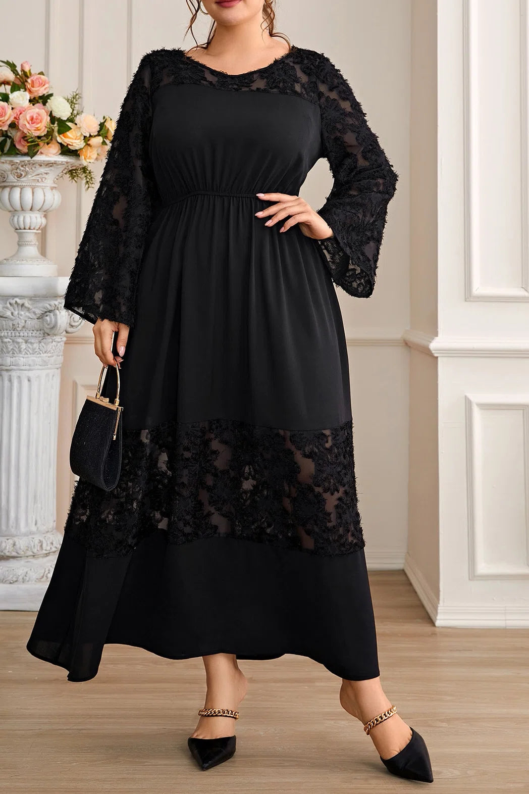 Plus Size Round Neck Spliced Flocked Elastic Waist A-Line Maxi Dress