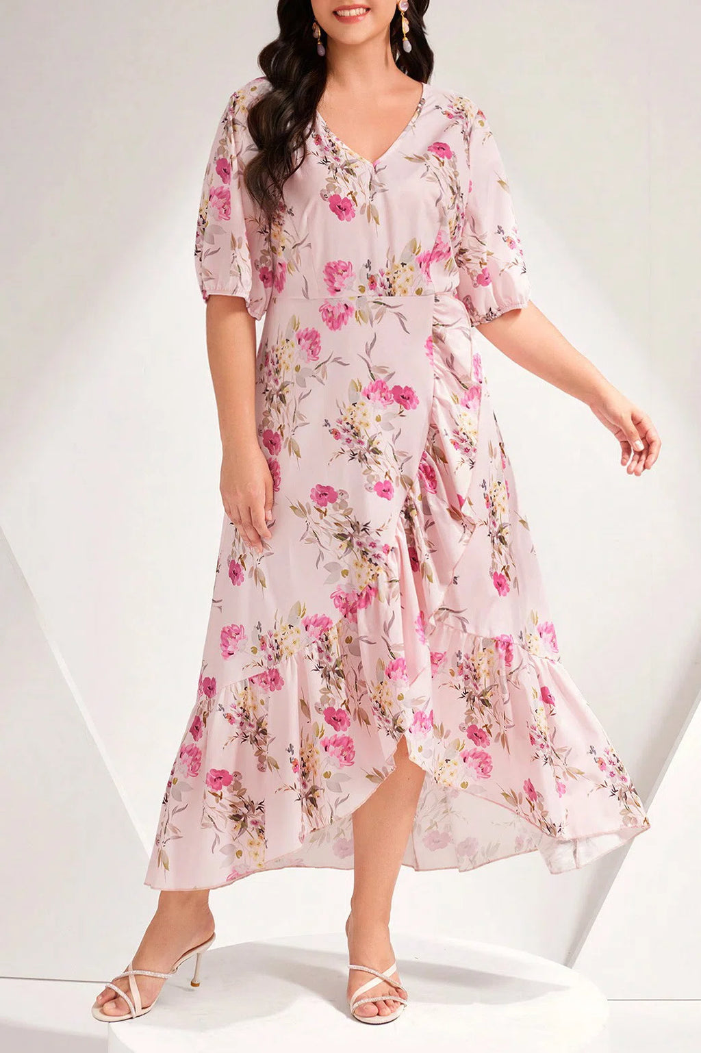 Plus Size V-Neck Floral Print Asymmetrical Ruffle Hem Midi Dress