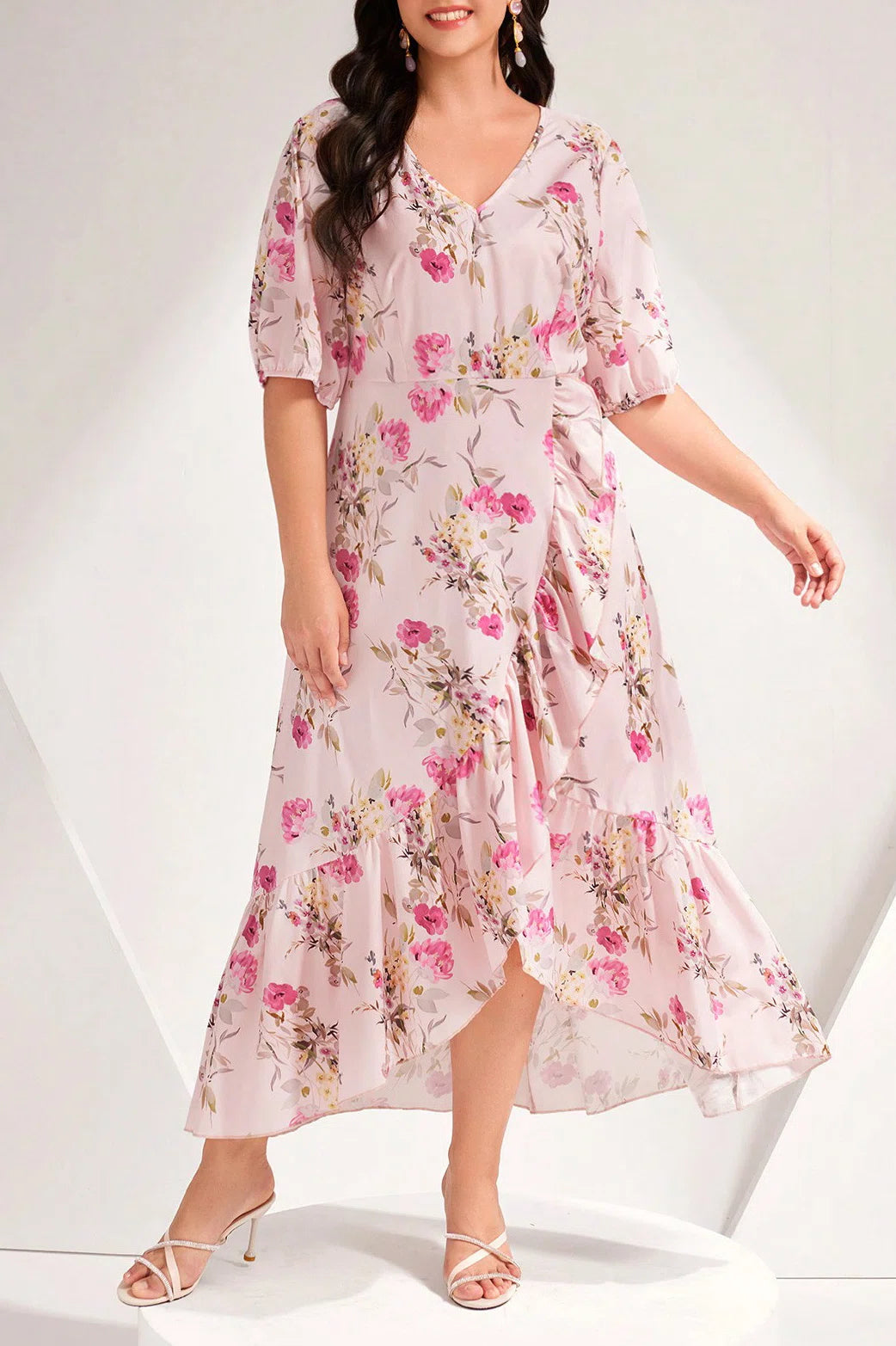 Plus Size V-Neck Floral Print Asymmetrical Ruffle Hem Midi Dress