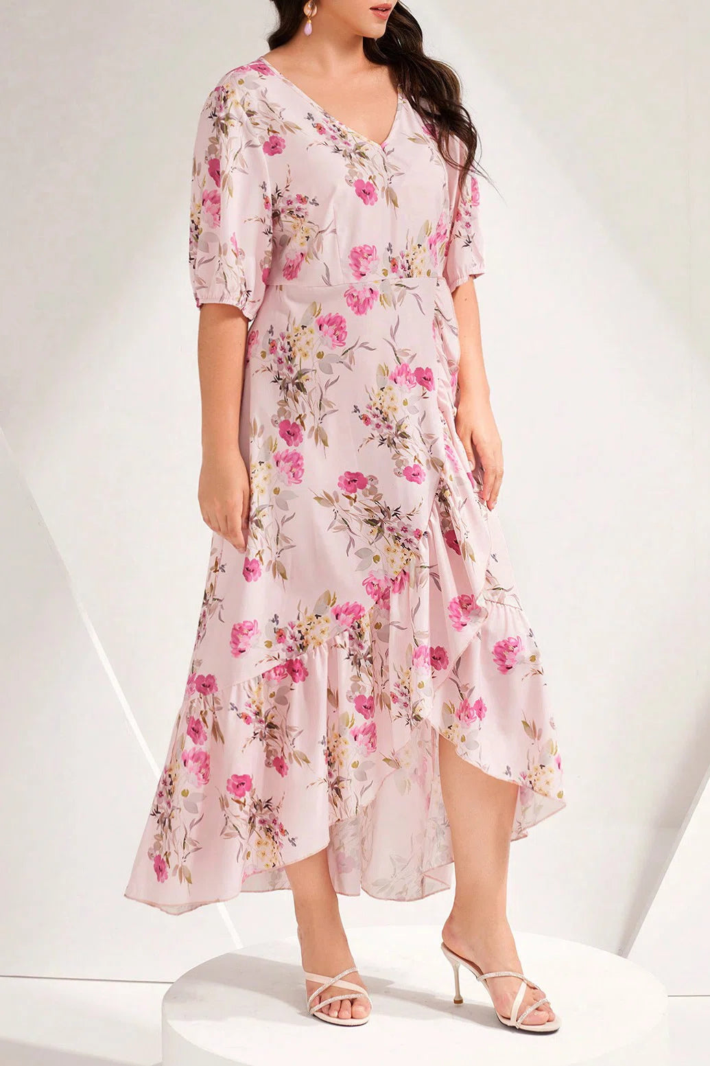 Plus Size V-Neck Floral Print Asymmetrical Ruffle Hem Midi Dress