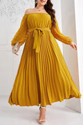 Plus Size Off-Shoulder Swiss Dot Long Sleeve Pleated Maxi Dress