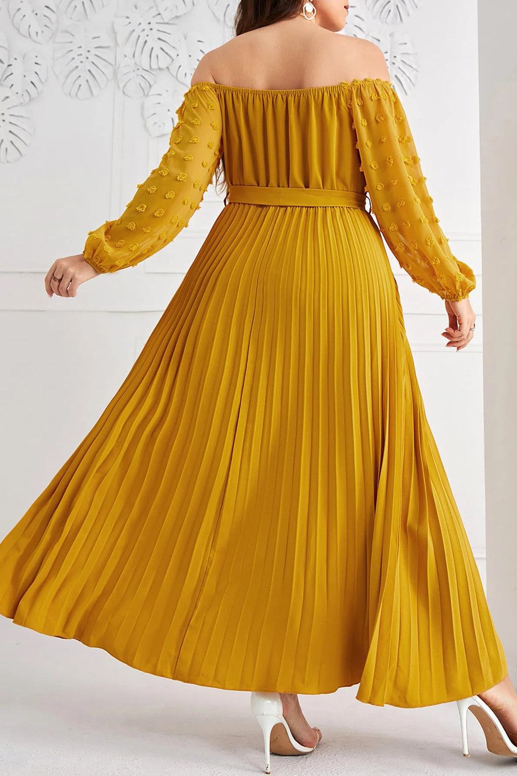 Plus Size Off-Shoulder Swiss Dot Long Sleeve Pleated Maxi Dress