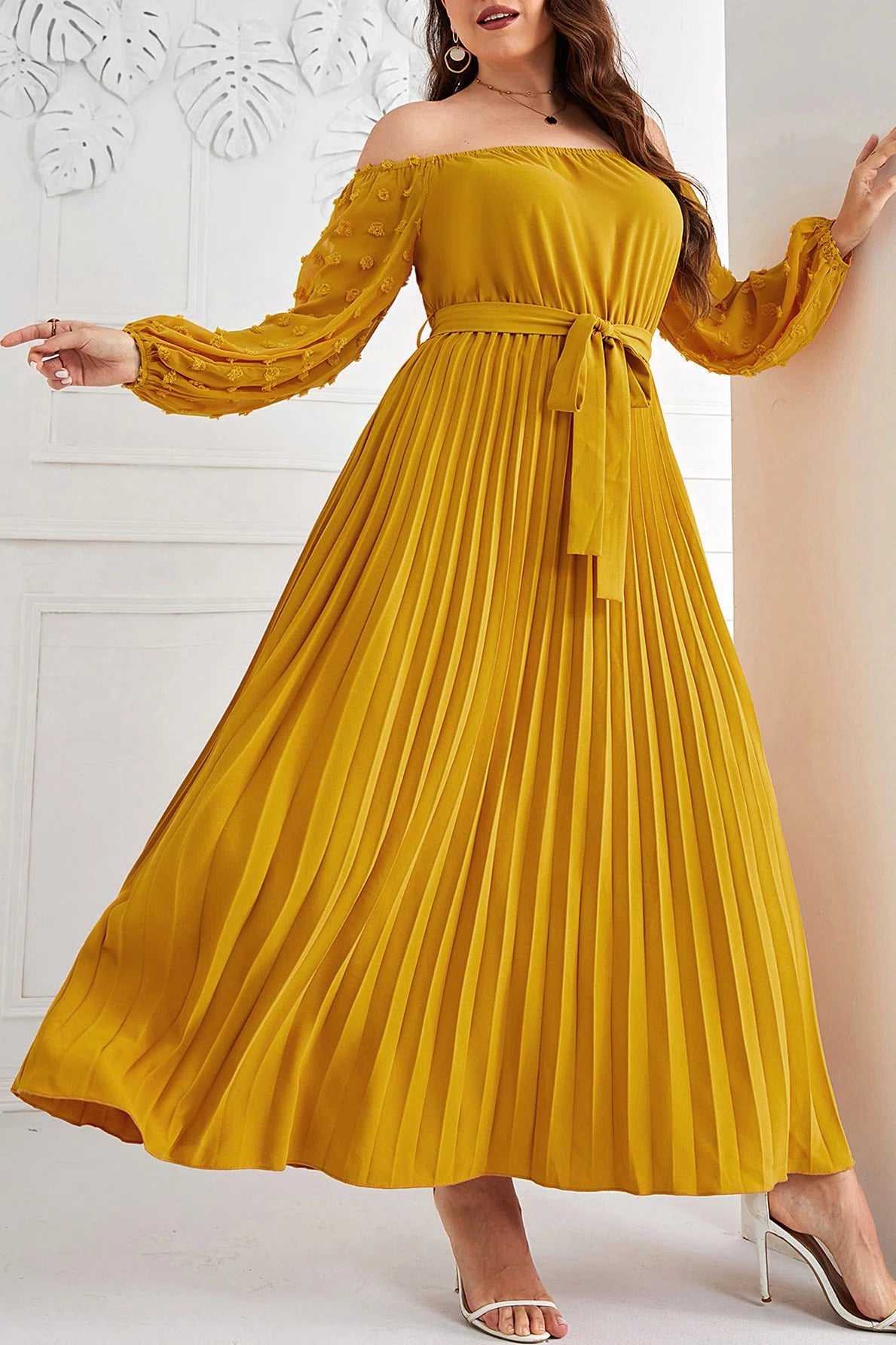 Plus Size Off-Shoulder Swiss Dot Long Sleeve Pleated Maxi Dress