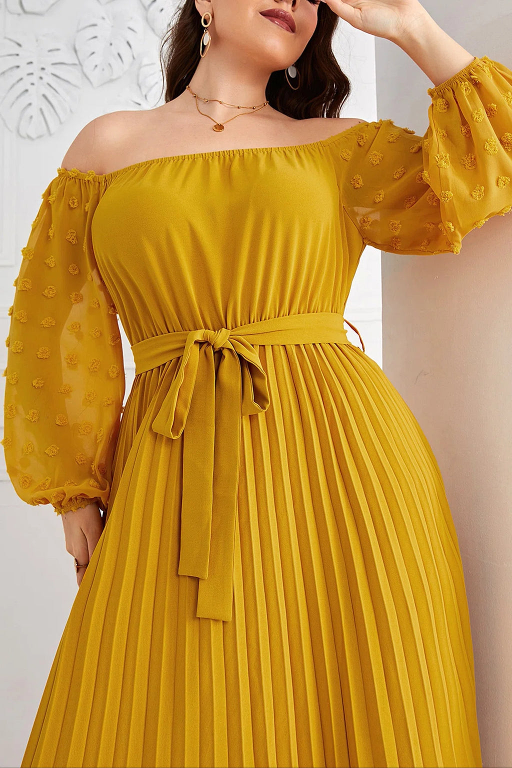 Plus Size Off-Shoulder Swiss Dot Long Sleeve Pleated Maxi Dress