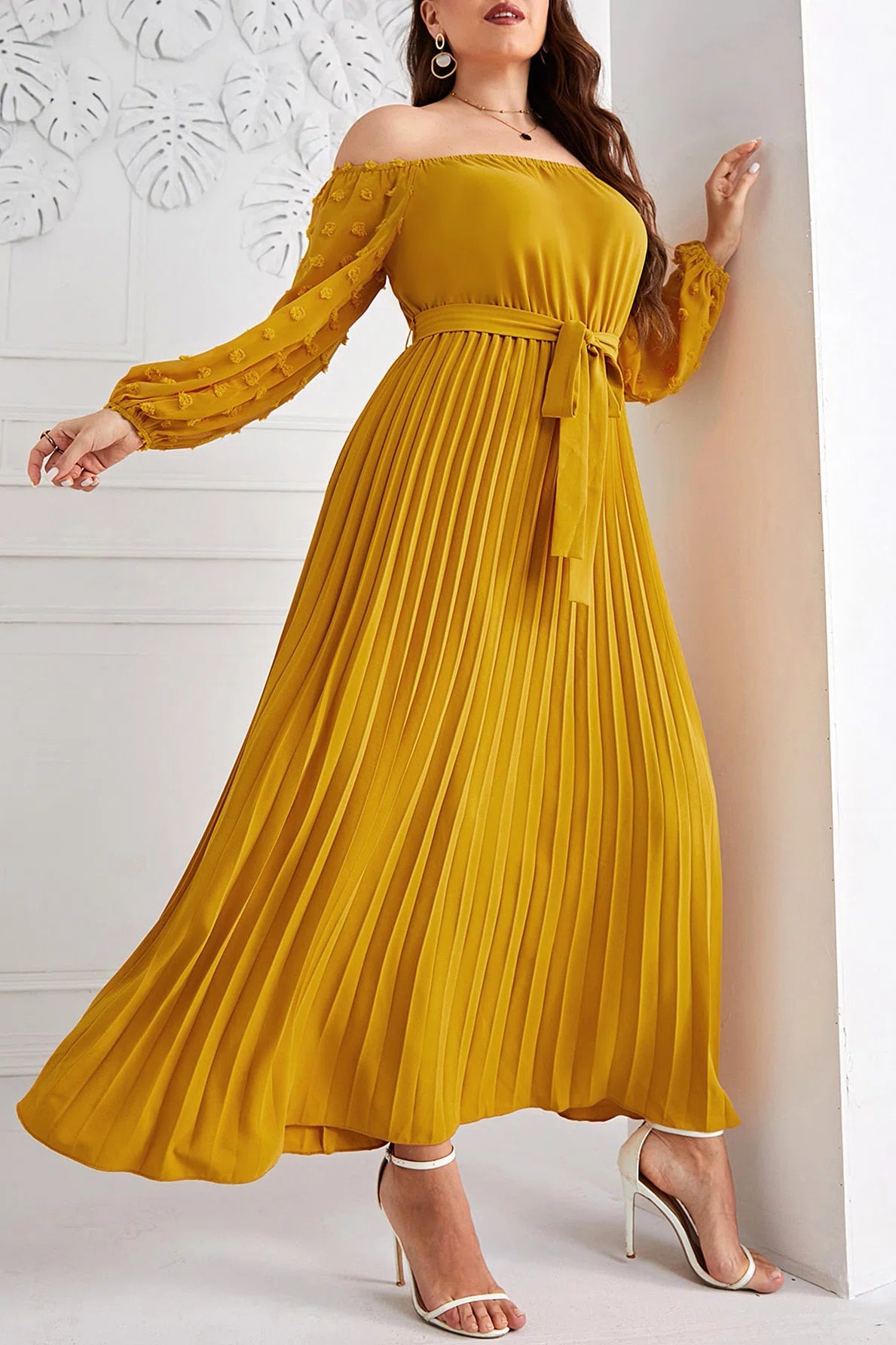 Plus Size Off-Shoulder Swiss Dot Long Sleeve Pleated Maxi Dress