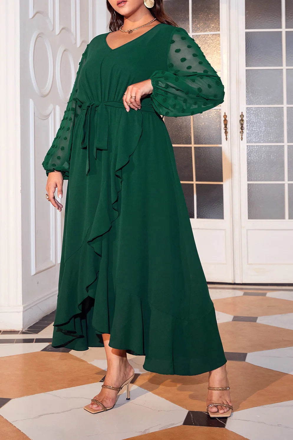 Plus Size V-Neck Swiss Dot Long Sleeve Ruffle High-Low Hem Midi Dress