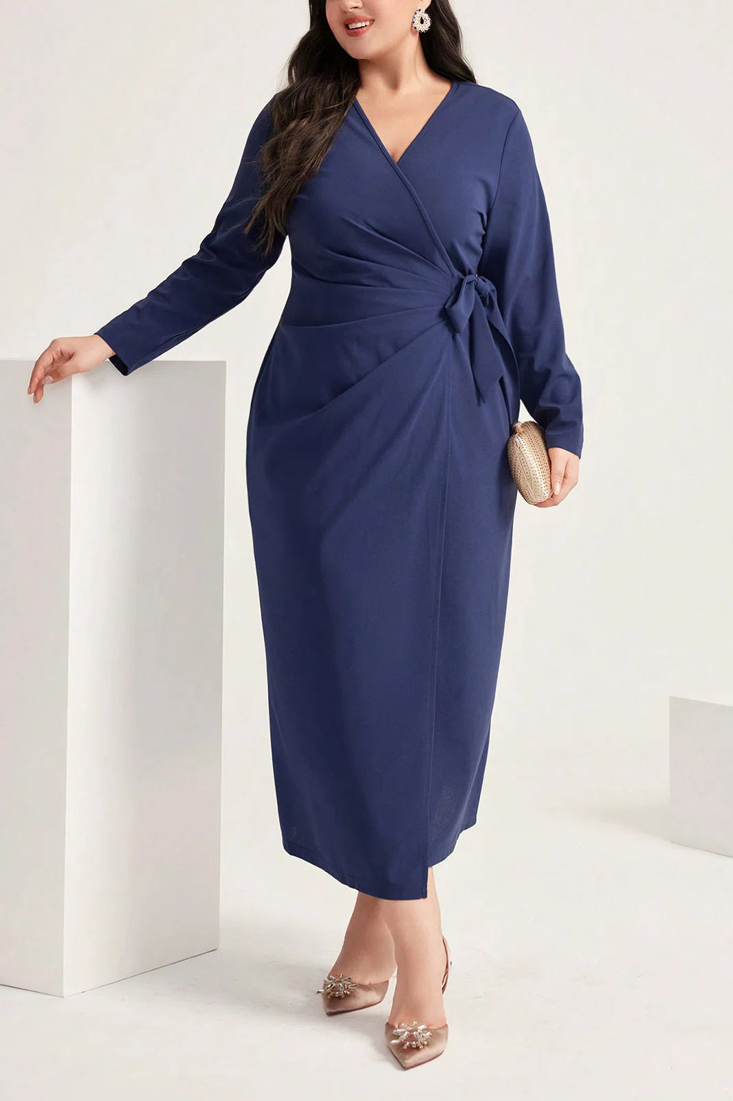 Plus Size V-Neck Tie Waist Wrap Long Sleeve Pencil Midi Dress