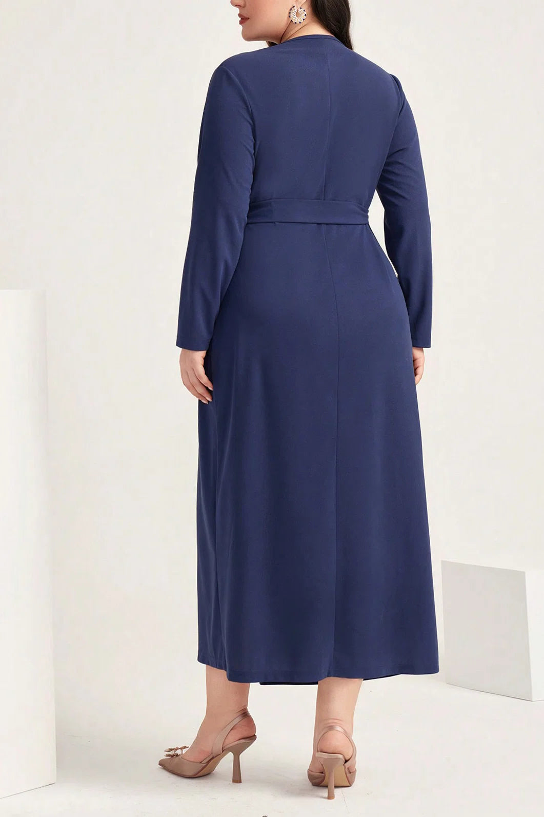 Plus Size V-Neck Tie Waist Wrap Long Sleeve Pencil Midi Dress