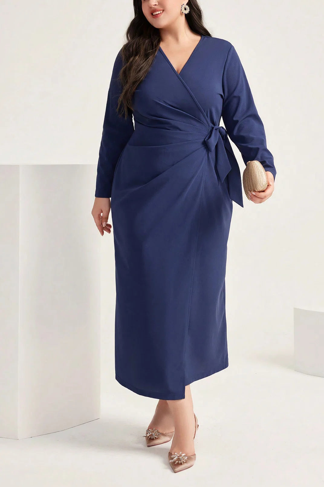 Plus Size V-Neck Tie Waist Wrap Long Sleeve Pencil Midi Dress