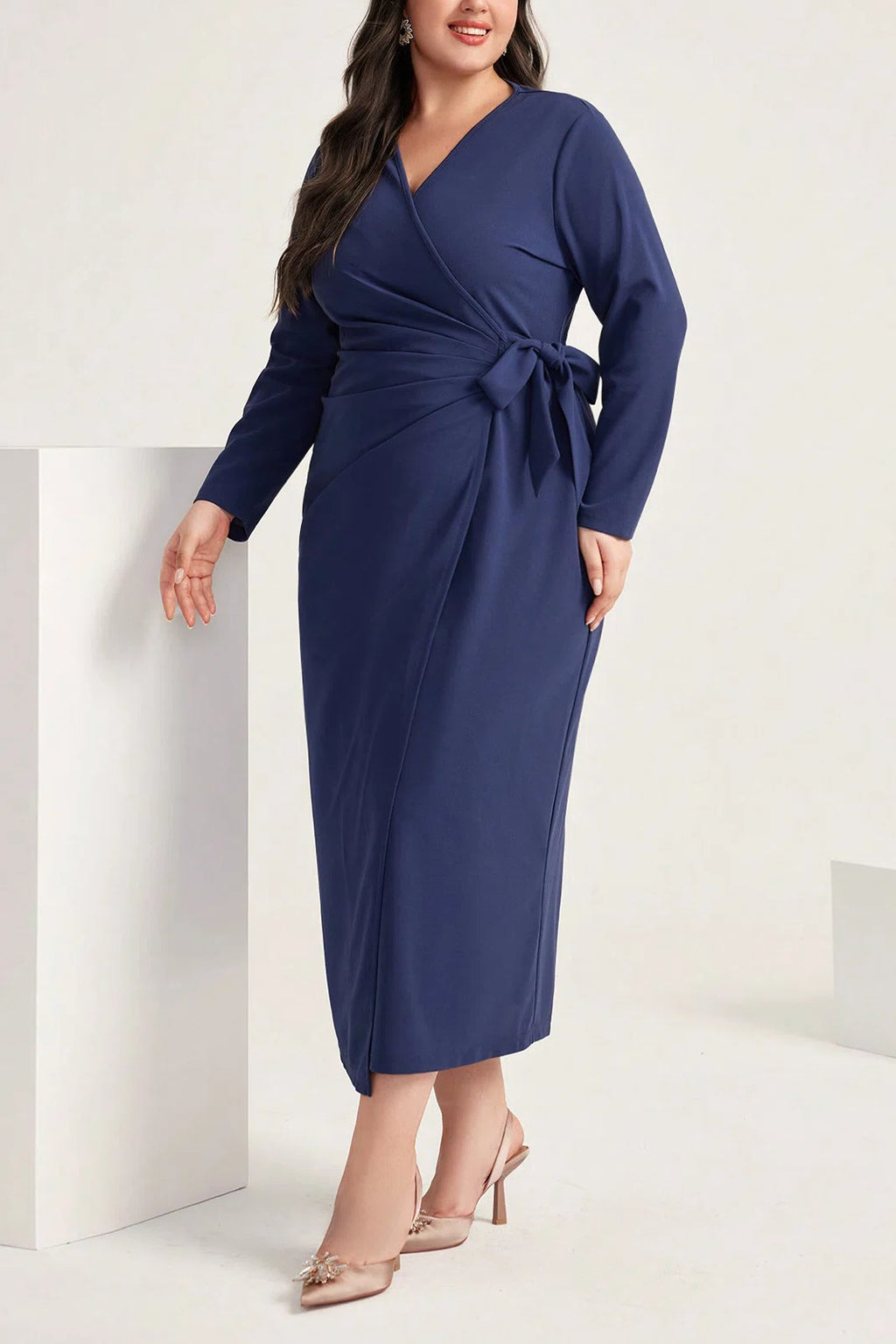 Plus Size V-Neck Tie Waist Wrap Long Sleeve Pencil Midi Dress