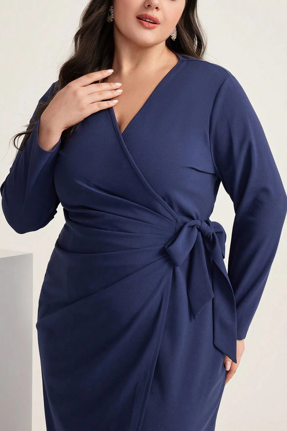 Plus Size V-Neck Tie Waist Wrap Long Sleeve Pencil Midi Dress