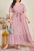Plus Size Round Neck Swiss Dot Sleeve Tie Waist Ruffle Hem Maxi Dress