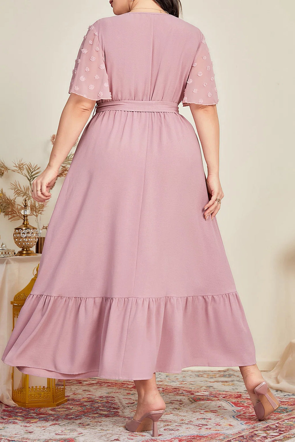 Plus Size Round Neck Swiss Dot Sleeve Tie Waist Ruffle Hem Maxi Dress