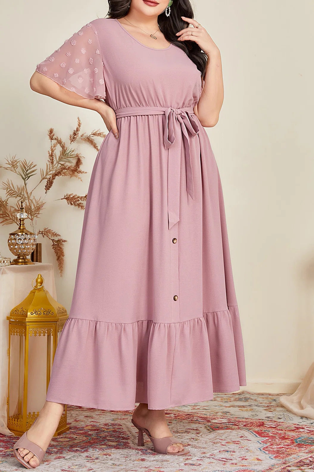 Plus Size Round Neck Swiss Dot Sleeve Tie Waist Ruffle Hem Maxi Dress