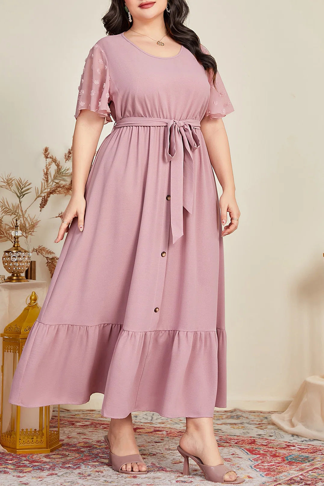 Plus Size Round Neck Swiss Dot Sleeve Tie Waist Ruffle Hem Maxi Dress