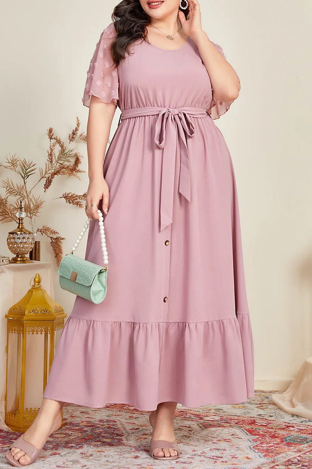 Plus Size Round Neck Swiss Dot Sleeve Tie Waist Ruffle Hem Maxi Dress