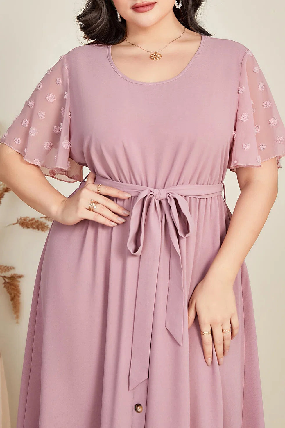 Plus Size Round Neck Swiss Dot Sleeve Tie Waist Ruffle Hem Maxi Dress