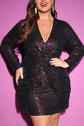 Plus Size V-Neck Long Sleeve Sequin Bodycon Dress, Twisted Waist Party Dress
