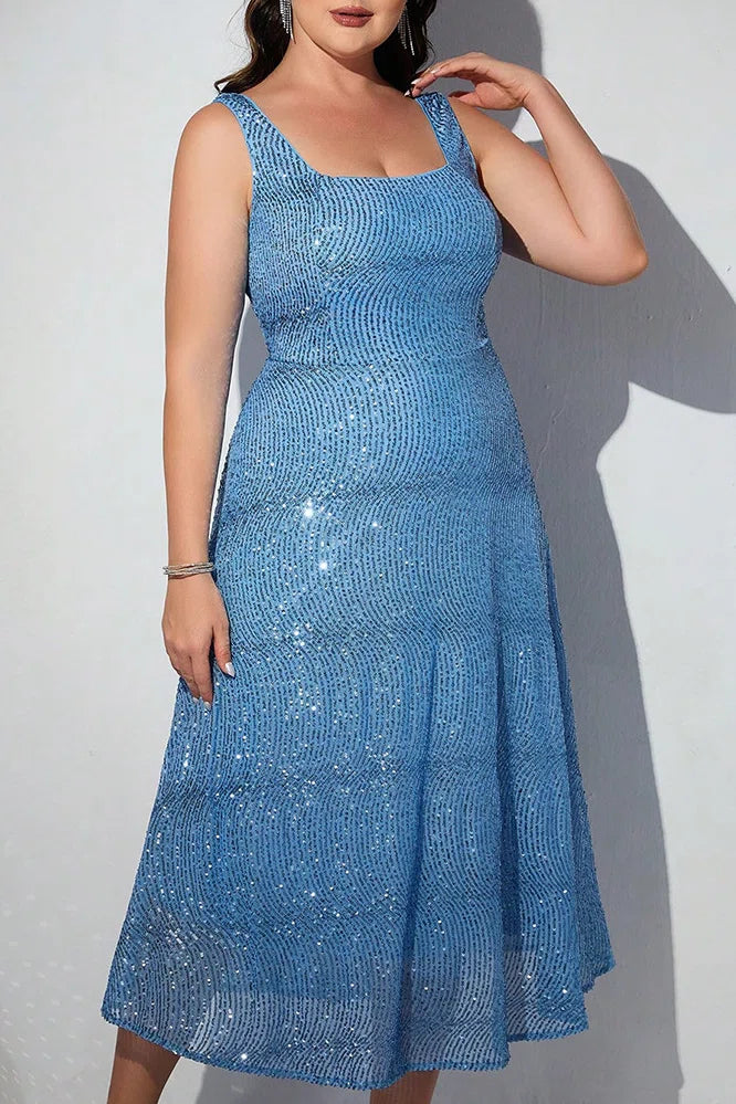 Plus Size U-Neck Sequin Midi Dress, Sleeveless A-Line Cocktail Party Dress