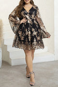 Plus Size V-Neck Floral Sequin Mesh Bell Sleeve A-Line Cocktail Dress