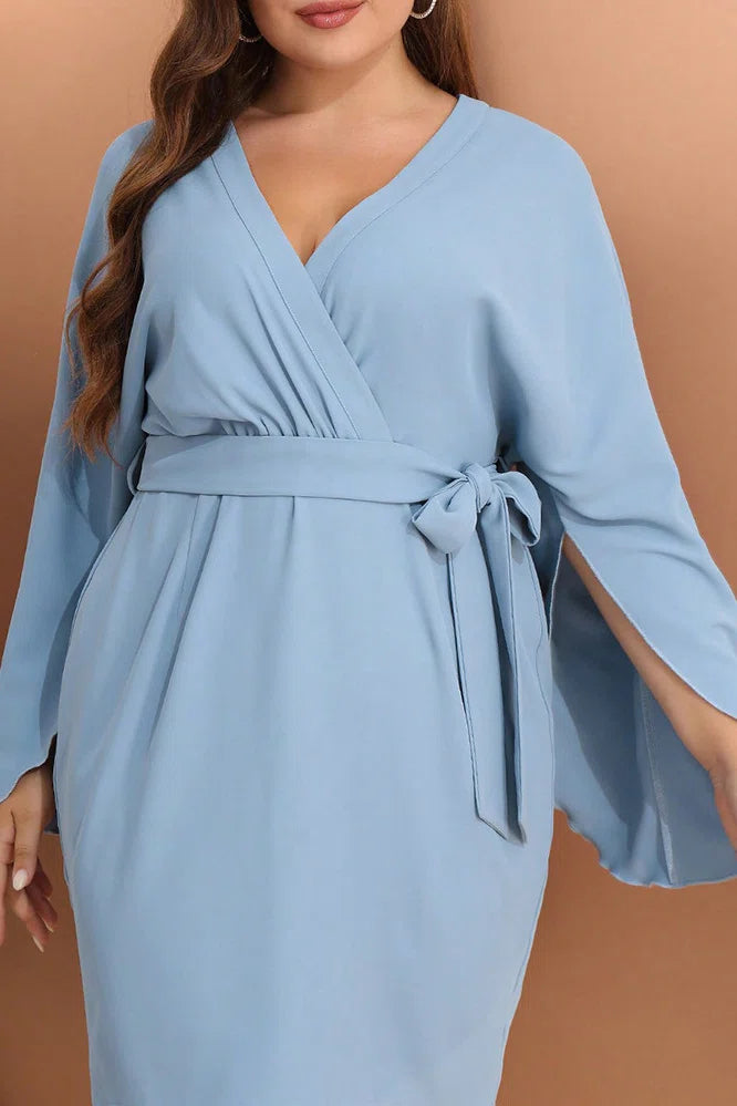Plus Size V-Neck Wrap Waist Kimono Sleeve Bodycon Mini Dress
