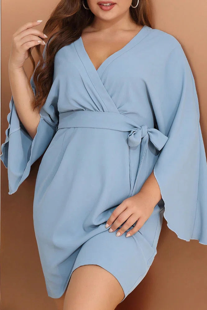 Plus Size V-Neck Wrap Waist Kimono Sleeve Bodycon Mini Dress