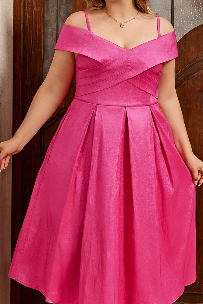 Plus Size Off-Shoulder Cross-Waist A-Line Midi Dress