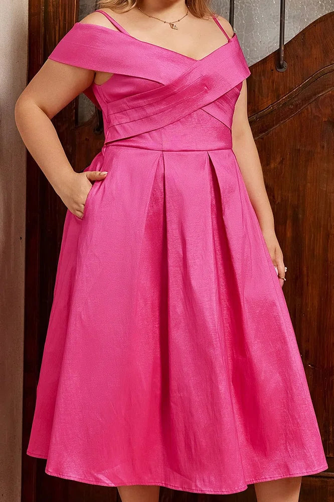 Plus Size Off-Shoulder Cross-Waist A-Line Midi Dress