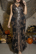 Plus Size Black Gold Sequin Embroidered V-Neck Maxi Dress