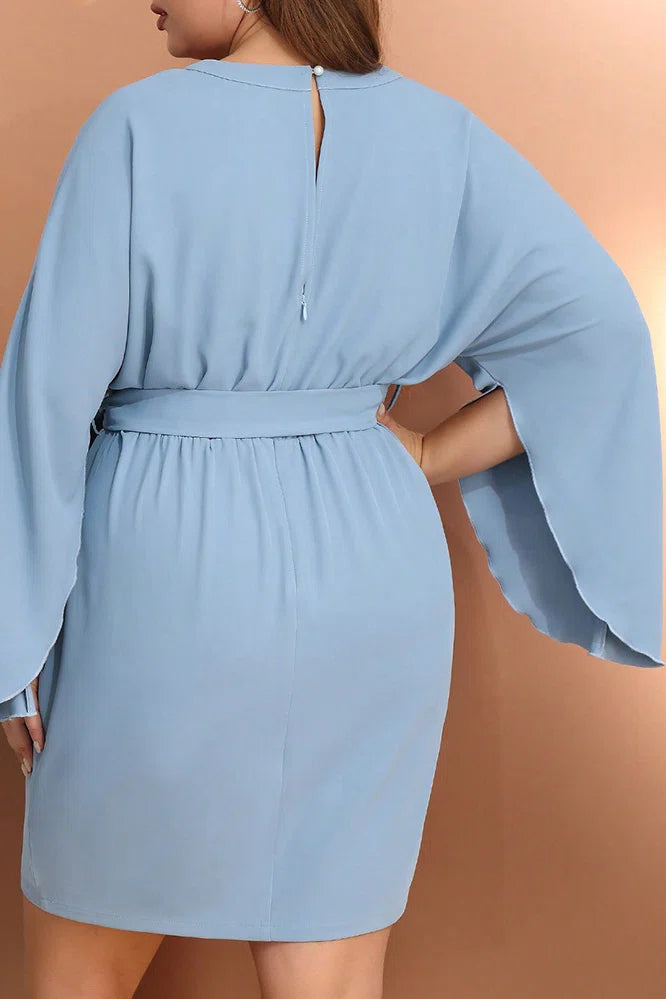 Plus Size V-Neck Wrap Waist Kimono Sleeve Bodycon Mini Dress