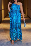 Plus Size One-Shoulder Marble Print Chiffon Maxi Dress
