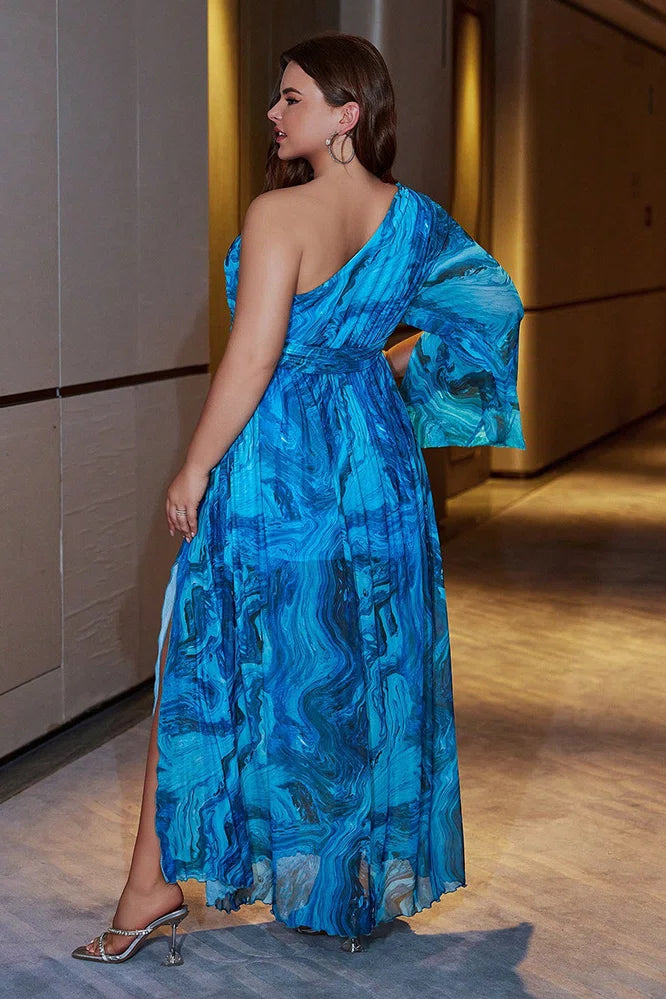 Plus Size One-Shoulder Marble Print Chiffon Maxi Dress