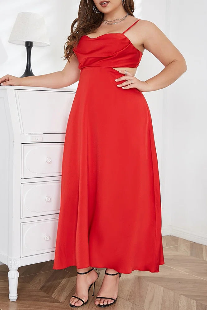 Plus Size Red Satin Cowl Neck Cutout Waist Midi Cami Dress