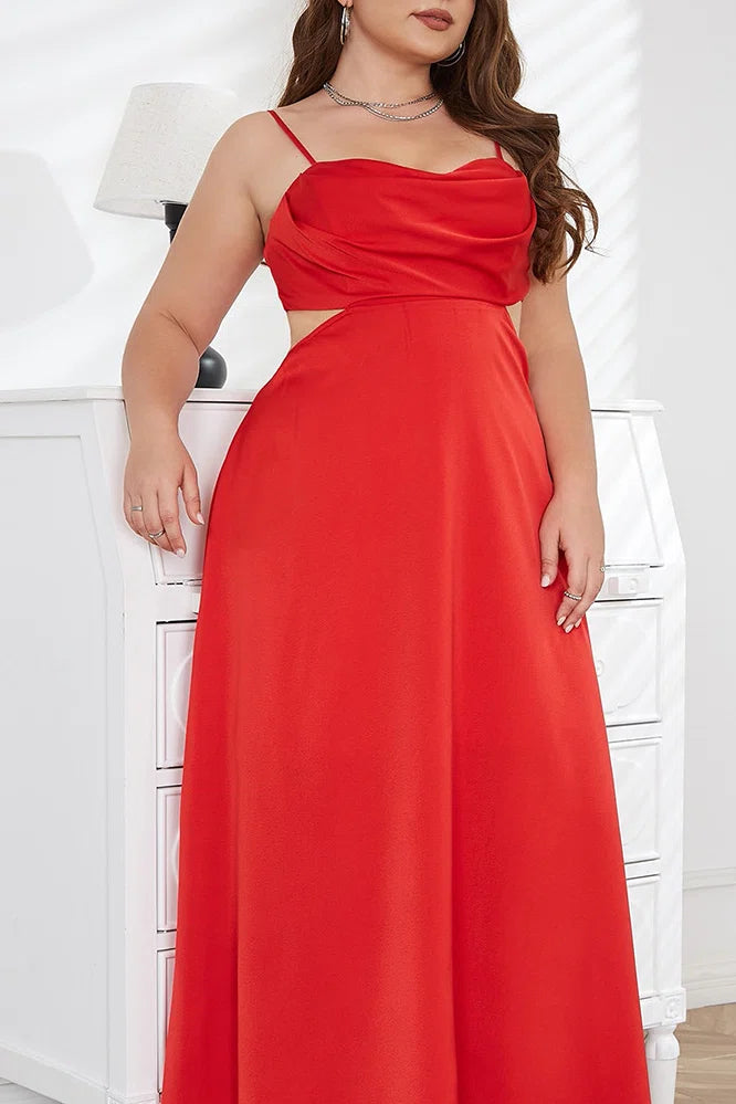Plus Size Red Satin Cowl Neck Cutout Waist Midi Cami Dress