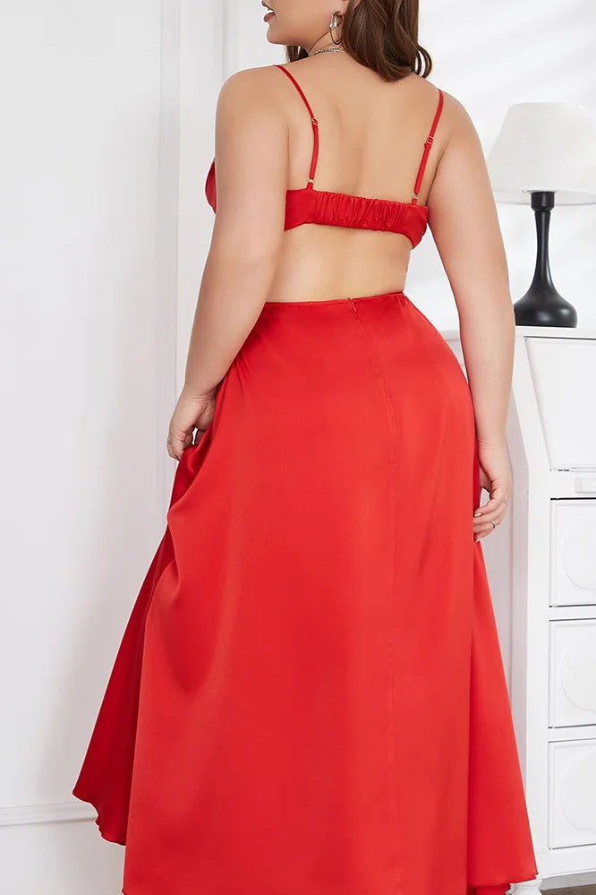 Plus Size Red Satin Cowl Neck Cutout Waist Midi Cami Dress
