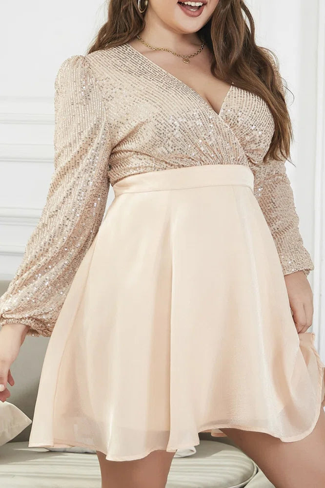 Plus Size Champagne Sequin Top Chiffon Skirt V-Neck Long Sleeve Mini Dress