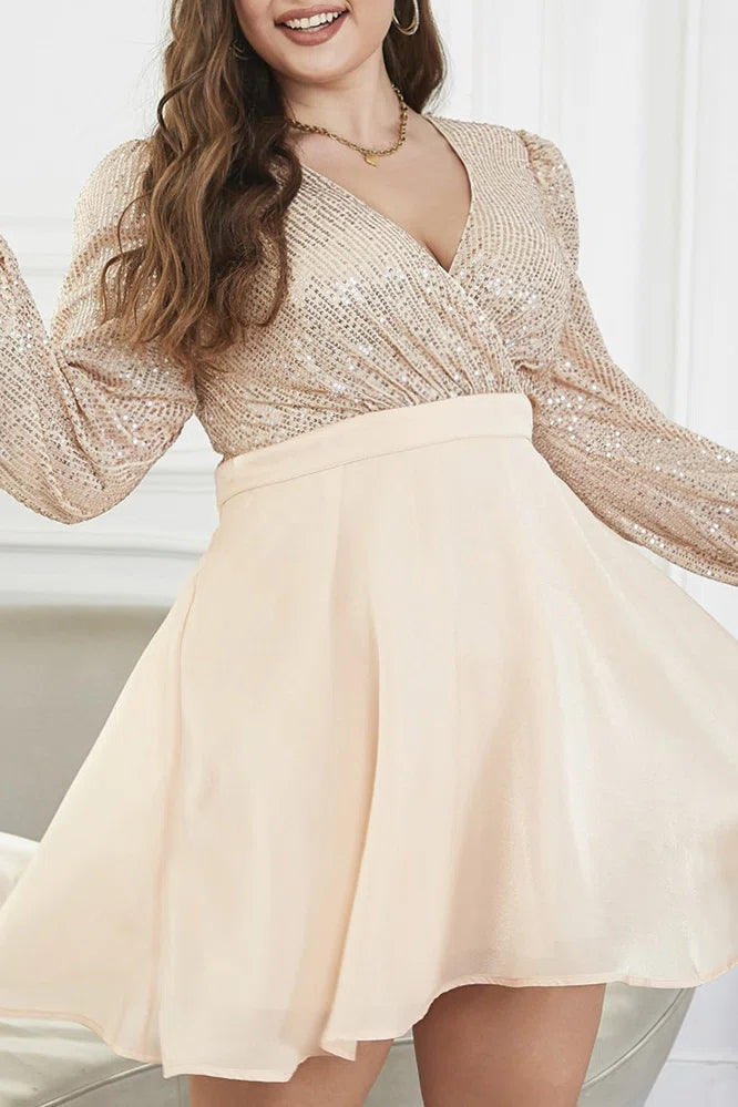 Plus Size Champagne Sequin Top Chiffon Skirt V-Neck Long Sleeve Mini Dress