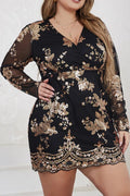 Plus Size Black & Gold Floral Sequin Embroidered V-Neck Long Sleeve Bodycon Mini Dress