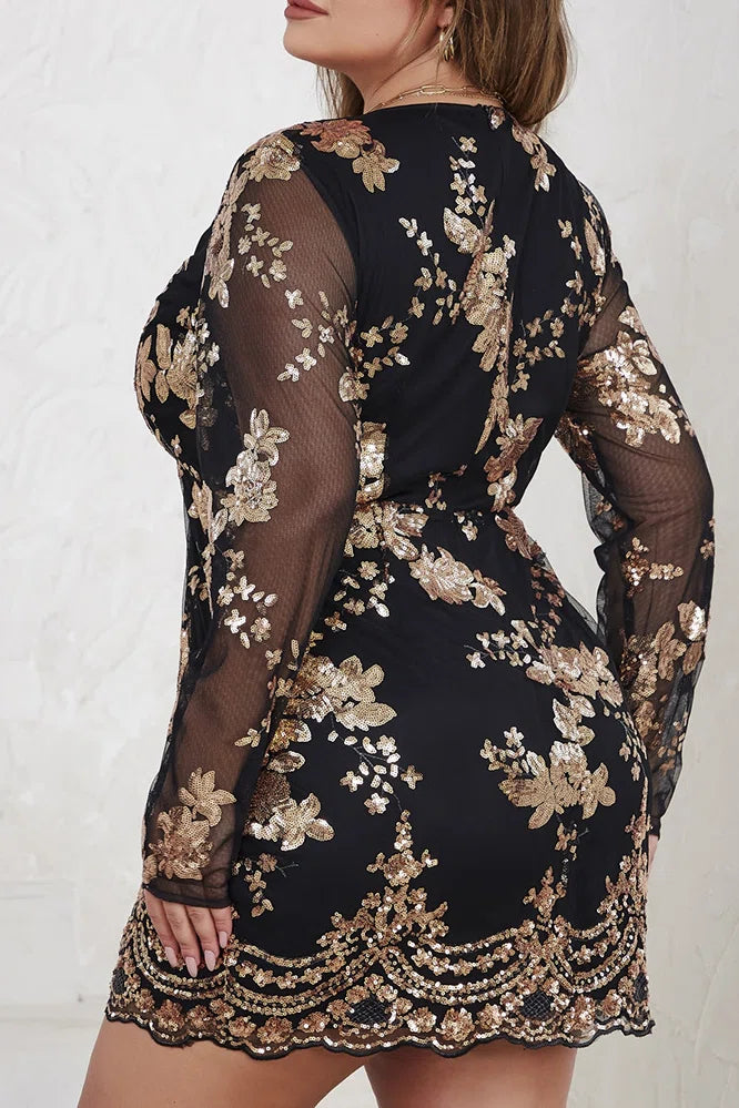 Plus Size Black & Gold Floral Sequin Embroidered V-Neck Long Sleeve Bodycon Mini Dress