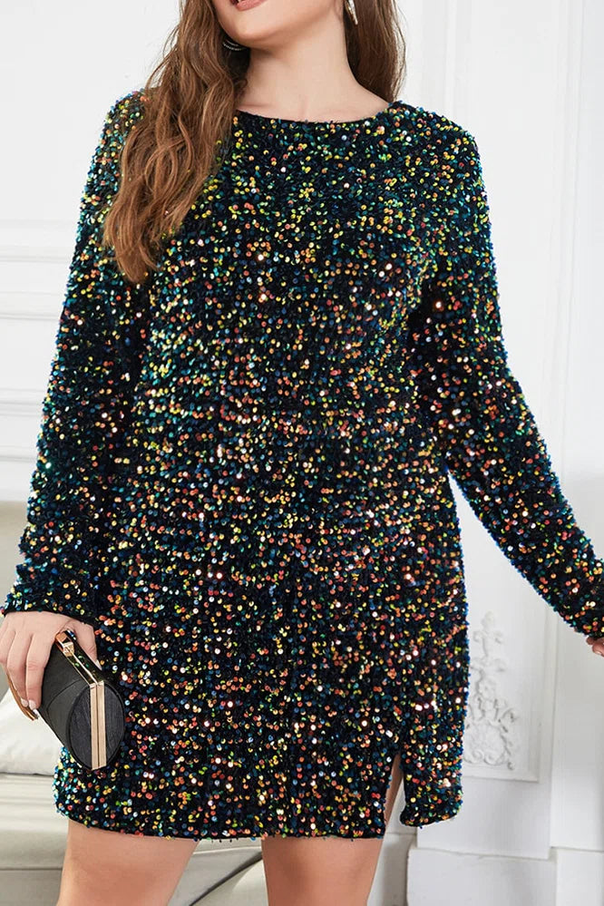 Plus Size Black Multicolor Sequin Crewneck Long Sleeve Mini Dress with Open Back