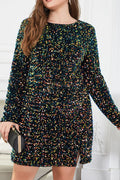 Plus Size Black Multicolor Sequin Crewneck Long Sleeve Mini Dress with Open Back
